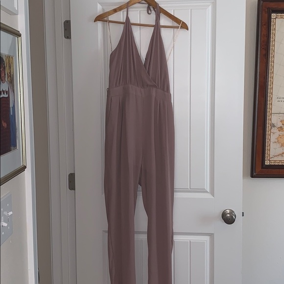 Double Zero Pants - Halter Beige Chiffon Jumpsuit